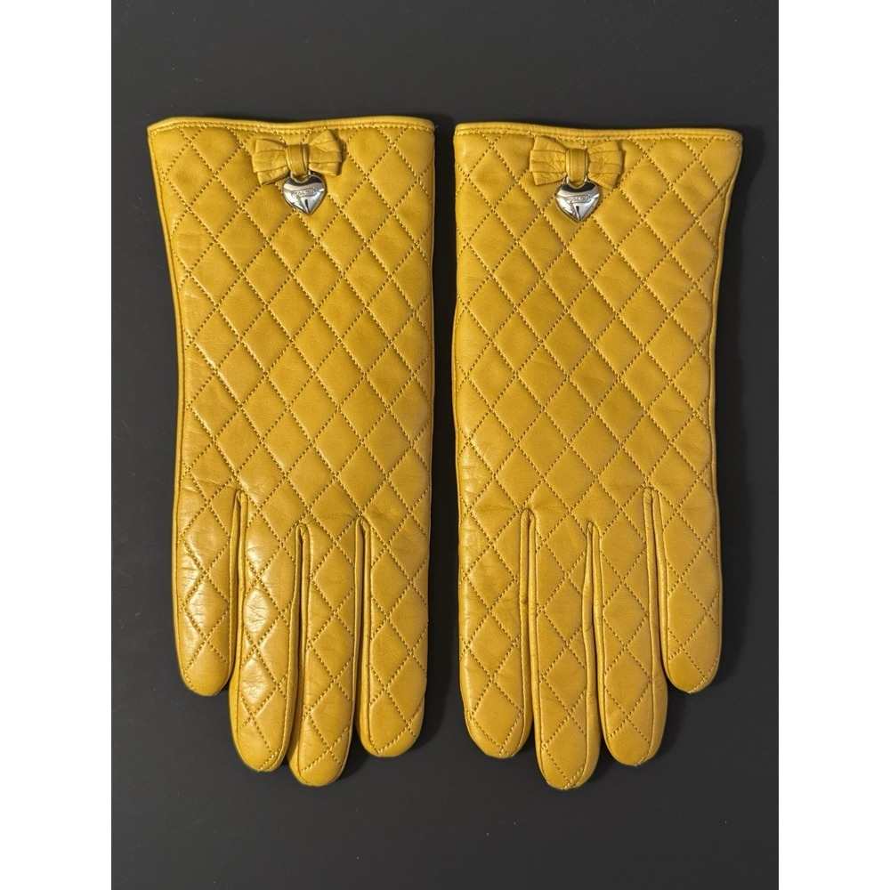 Coach Yellow Leather‎ Quilted Bow Heart Wool Lined Gloves Size 8